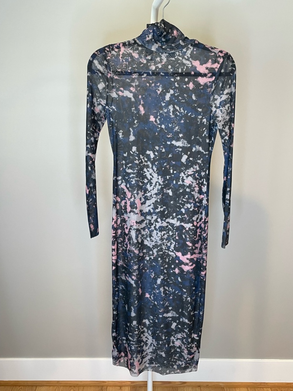 Steve Madden Black, Pink & White Splatter Long Sleeve Sheer Turtleneck Dress
